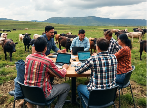 Farmers working with technology in a field